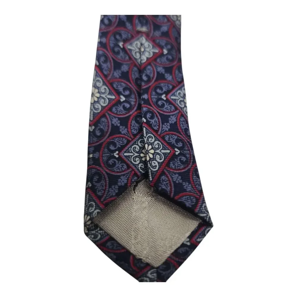 Christian Dior Tie Mens Blue Silk Geometric Medallion Pattern Classic Necktie